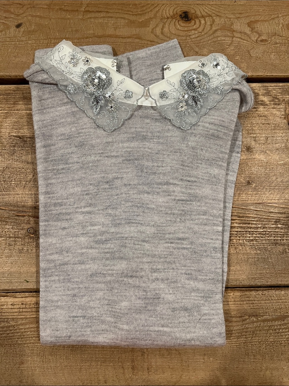 Women's Lace-Trim collar sweater- Light Gray XS